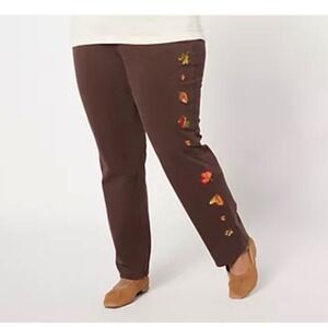 Quacker Factory DreamJeannes Brown Embroidered Bee Daisy Pull On Pants XL